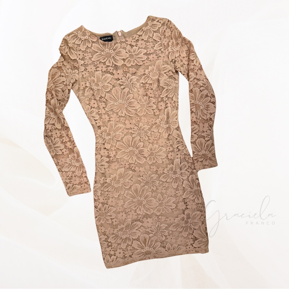 Bebe Floral Lace Long Sleeve Bodycon Dress - Desert Rose
